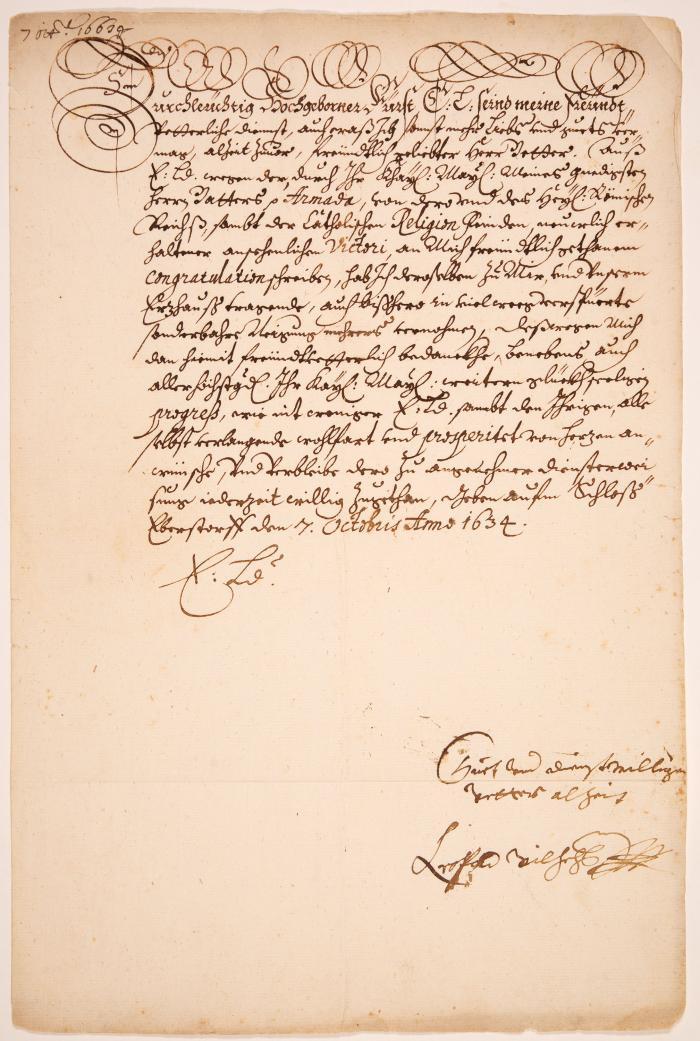 Leopold Wilhelm, Erzherzog von Österreich. Brief mit eigenh. U. Ebersdorf, 7.X.1634.