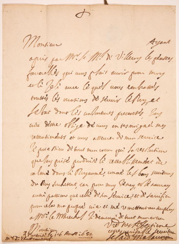 J. Mazarin. Eigenh. Brief mit U. Paris, 18.VIII.1652.