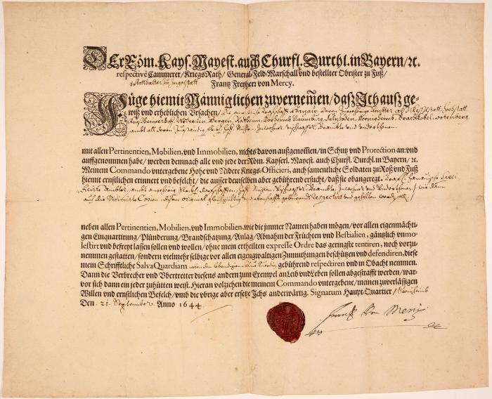 F. v. Mercy. Gedrucktes Mandat mit eigenh. U. Steinheim, 21.IX.1644.