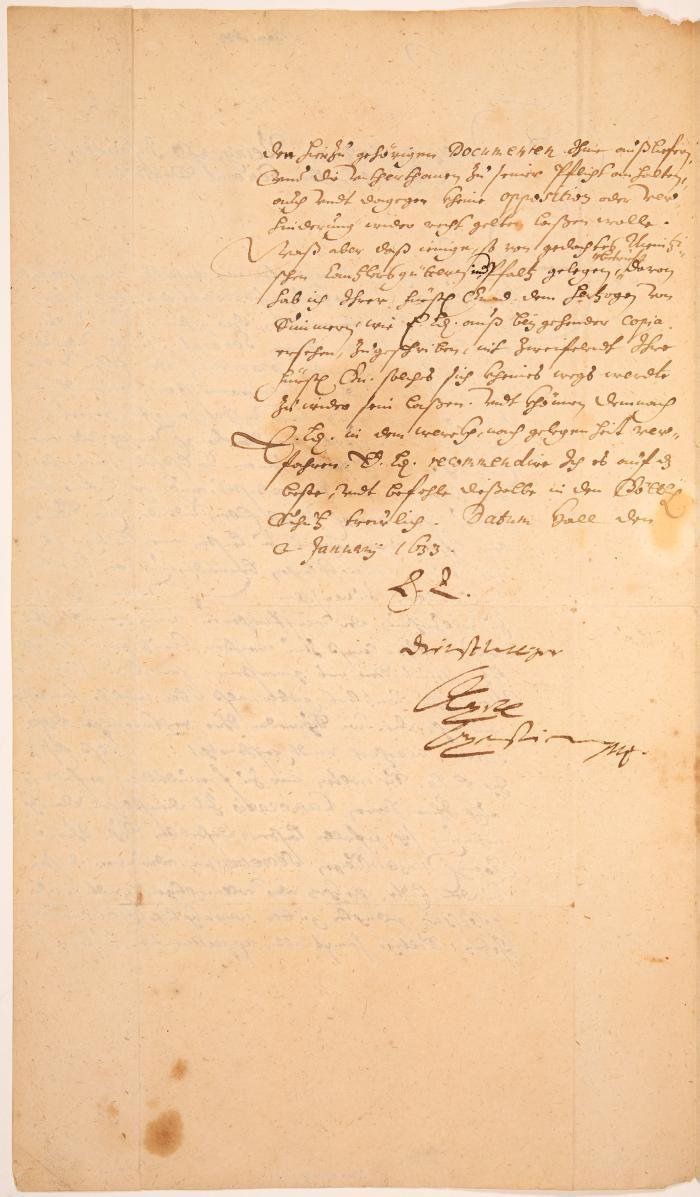 A. Oxenstierna. Brief mit eigenh. U. Hall, 2.I.1633.