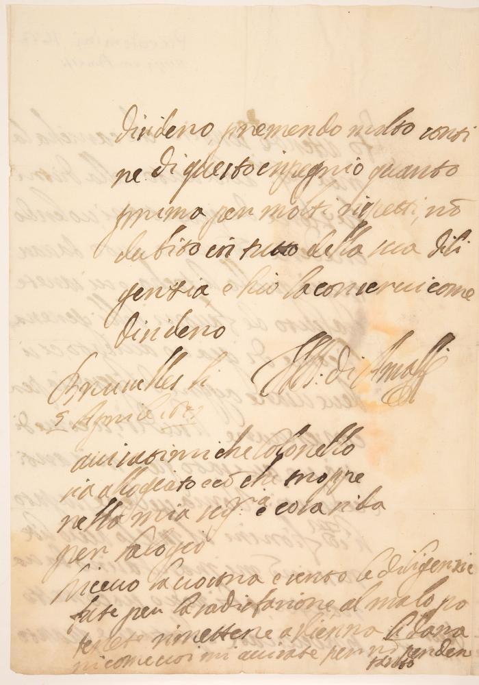 O. Piccolomini. Eigenh. Brief mit U. Brüssel, 9.IV.1647.