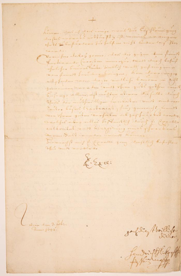 H. Schlik zu Bassano und Weißkirchen. Brief mit eigenh. Coutoisie und U. Wien, 3.II.1643.