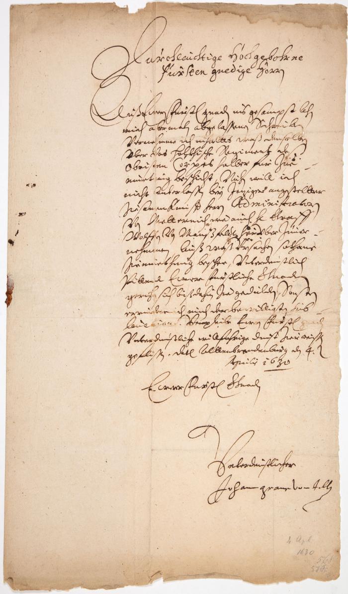 J. v. Tilly. Eigenh. Brief mit U. Altenbrandenburg, 4.IV.1630.