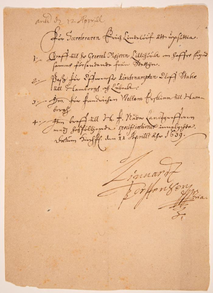 L. Torstensson, Graf von Ortala. Dokument mit eigenh. U. Hirschberg, 22.IV.1639.