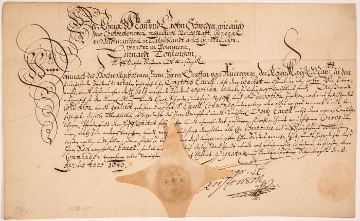 L. Torstensson. Schriftstück mit eigenh. U. Schönberg, 9.IV.1643.