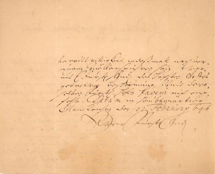 C. G. Wrangel. Diktatschreiben mit eigenh. U. Hauptquartier Blankenhayn, 22.II.1646.