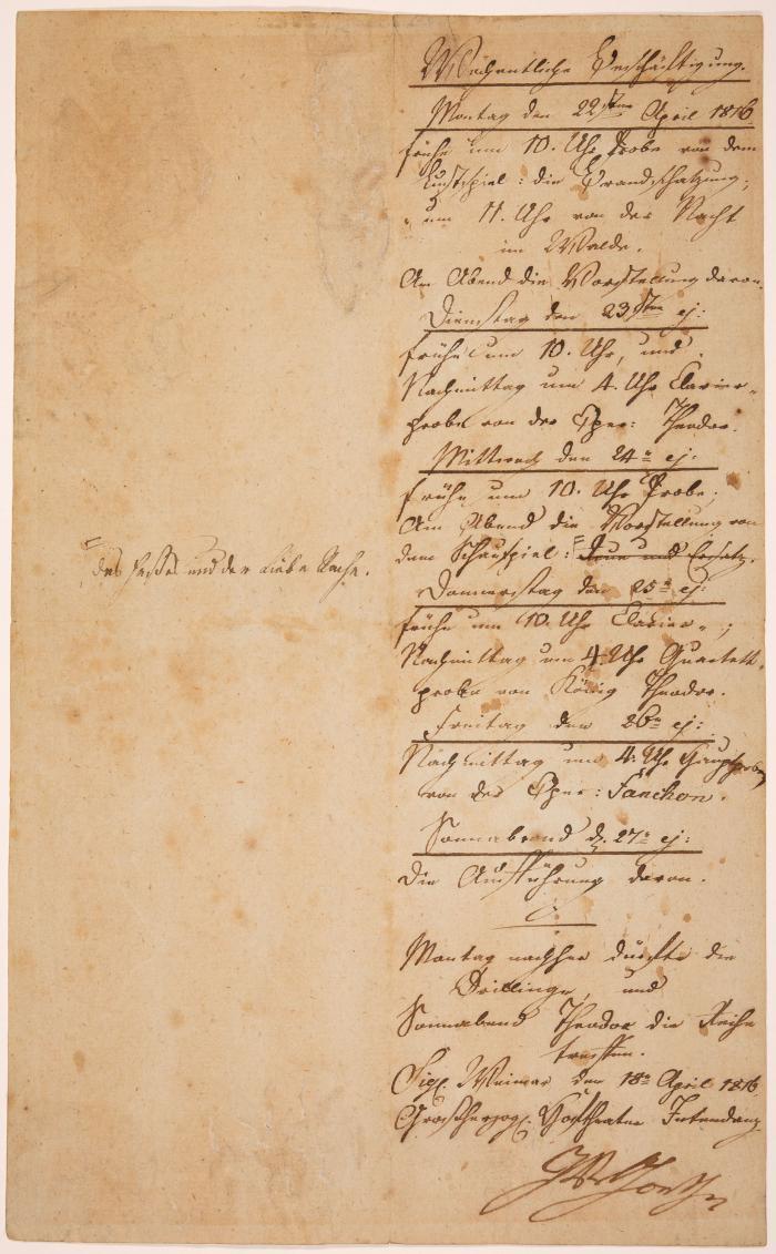J. W. v. Goethe. Hs. Wochenarbeitsplan für Schauspieler und Mitarbeiter des Hoftheaters Weimar mit eigenh. U. Weimar, 18.IV.1816.