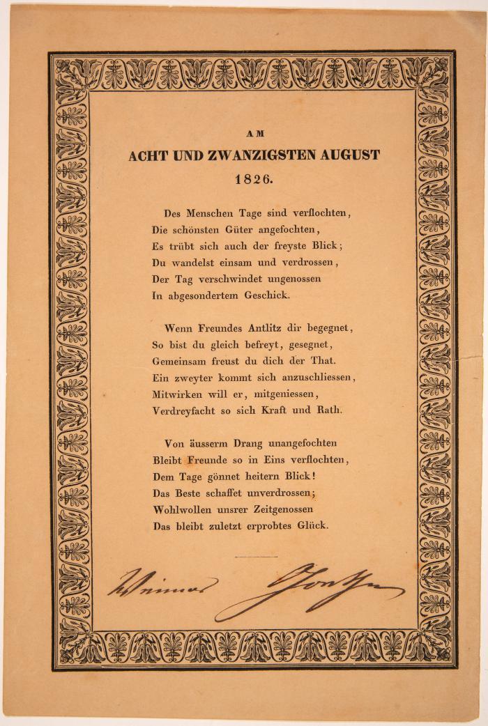 J. W. v. Goethe. Einblattdruck mit eigenh. U. (Jena: Fromann 1826).