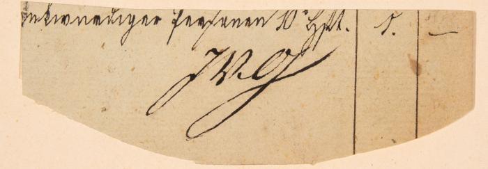 J. W. v. Goethe. Eigenh. Initialsignatur auf einem Ausschnitt aus einem Rechnungsbuch. O. O. u. D.