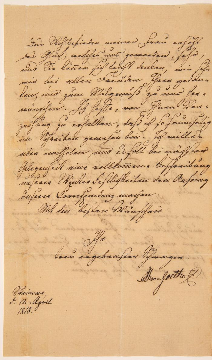 A. v. Goethe. Eigenh. Brief mit U. Weimar, 12.IV.1818.
