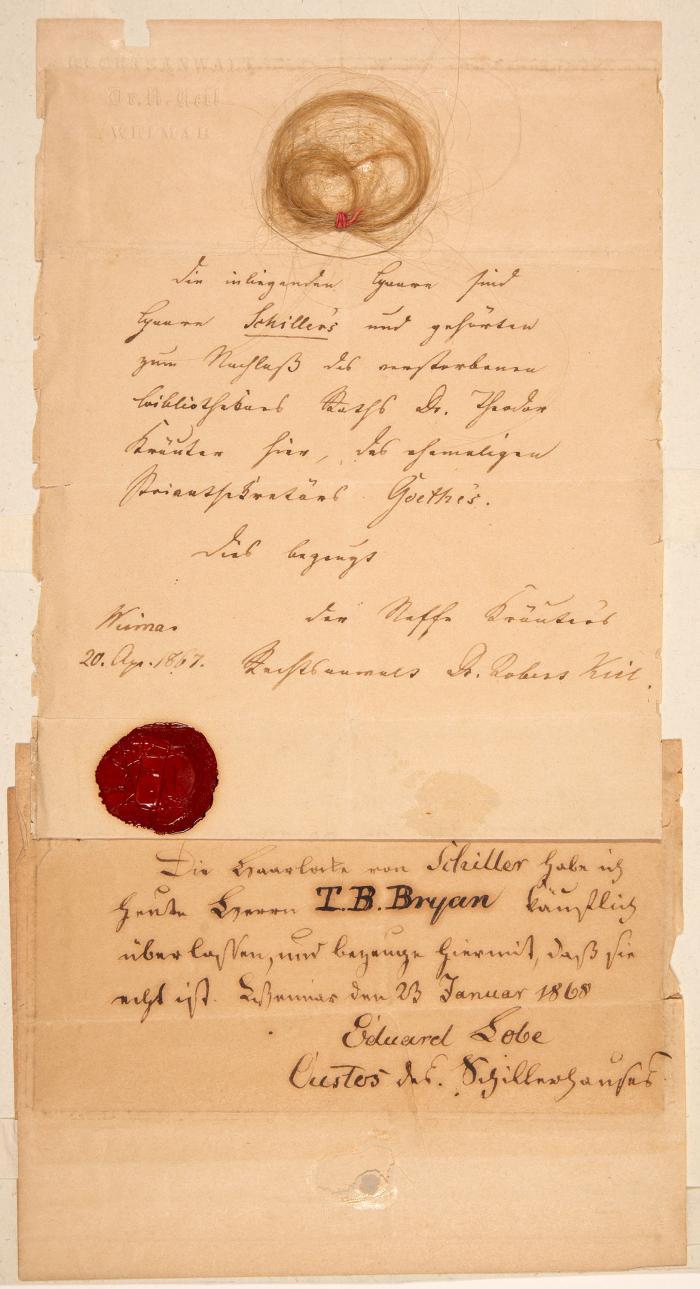 Haarlocke F. v. Schillers. Auf ein Echtheitszertifikat montiert. Weimar, 20.IV.1867.