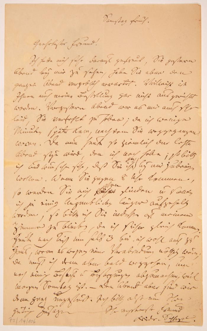 F. Schlegel. Eigenh. Brief mit U. O.O. u. D. (um 1825). - An den Maler Peter von Cornelius.