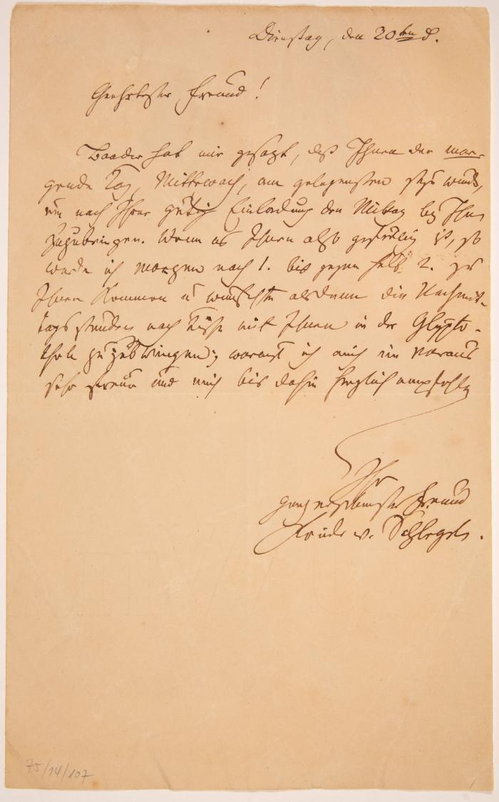 F. Schlegel. Eigenh. Brief mit U. O. O. u. D. (um 1825).