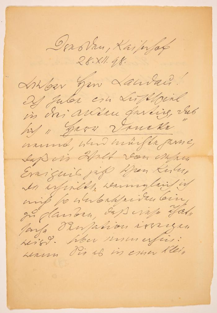 O. J. Bierbaum. Eigenh. Brief mit U. Dresden, 28.XII.1898. - An Landau. Ein neues Lustspiel betreffend.