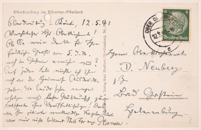 M. Planck. Eigenh. Briefkarte mit U. Oberdrauberg, 12.V.1941.