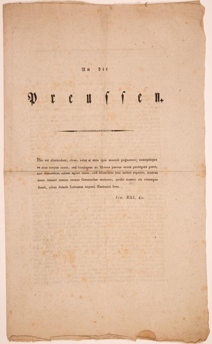 Arndt, Ernst Moritz. 2 anonym erschienene Flugblätter aus dem Jahr 1813 im Erstdruck.