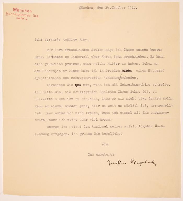 J. Ringelnatz. Masch. Brief mit eigenh. Korrekturen und U. München, 26.X.1926.