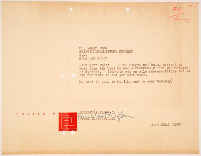 F. L. Wright. Brief mit eigenh. U. Taliesin, 22.VI.1952.