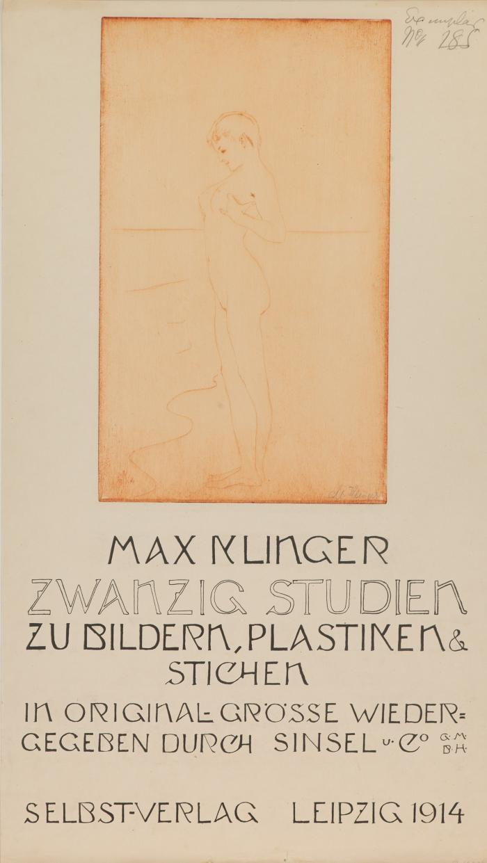 Stehender weiblicher Akt am Strand. Titelblatt zu „Zwanzig Studien zu Bildern, Plastiken & Stichen in Original-Grösse wiedergegeben durch Sinsel u. Co G.m.b.H.“ Selbst-Verlag Leipzig