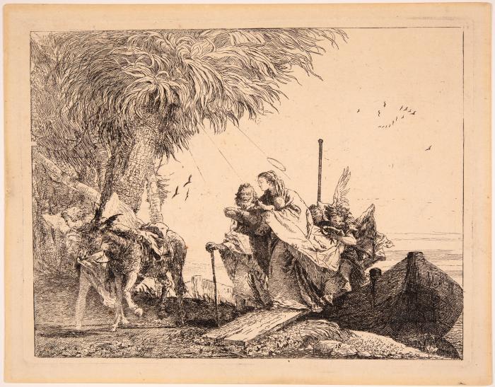 Maria, aiutata da Giuseppe e da un angelo, scende dalla barca.