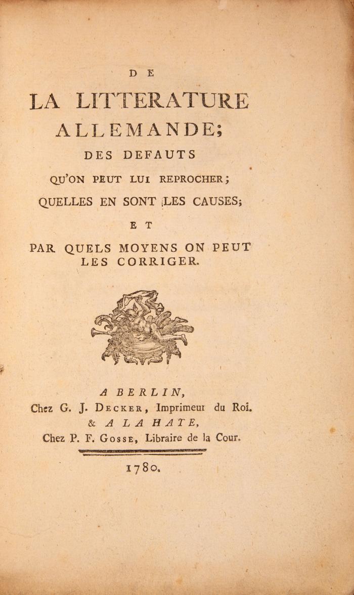 Friedrich II, König v. Preussen, De la litterature Allemande. Berlin 1780.