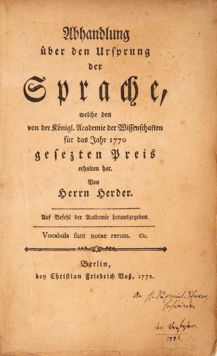 Herder, Johann Gottfried: Abhandlung über den Ursprung der Sprache, welche den von der Königl. Academie der Wissenschaften für das Jahr 1770 gesezten Preis erhalten hat.