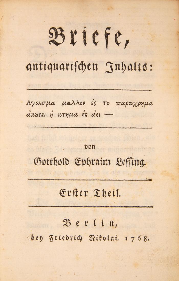 Lessing, Gotthold Ephraim: Briefe, antiquarischen Inhalts, 2 Tle. in 1 Bd. Berlin: Nikolai 1768- 1769. 14,3 x 9,4 cm. Mit 2 Kupfertafeln von J. W. Meil nach Tischbein. 3 Bll. , 1 w. Bl.. 256 SS.; 1 Bl., 276, 1 w. Bl. HLdr. mit Rt.