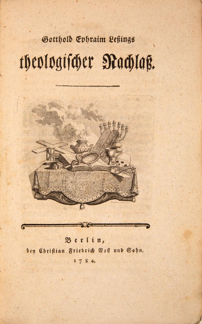 G. E. Lessing. - Konvolut von 4 Erstausgaben und 3 Streitschriften in 8 Bdn.:  Ernst und Falk. Tl. I (von 2). Wolfenbüttel 1778. / Kollektaneen. 2 Bde. Bln 1790. / Briefwechsel mit seinem Bruder. Bln. 1794. / Theologischer Nachlaß. Bln. 1784. / Nöthige Antwort auf eine sehr unnöthige Frage. Wolfenbüttel 1778. / J. M. Goeze, Etwas vorläufiges gegen Lessings Angriffe ... Hbg. 1778. / F. W. v. Schütz, Apologie, Lessings dramatisches Gedicht Nathan d. Weisen betreffend. Lpz 1781.