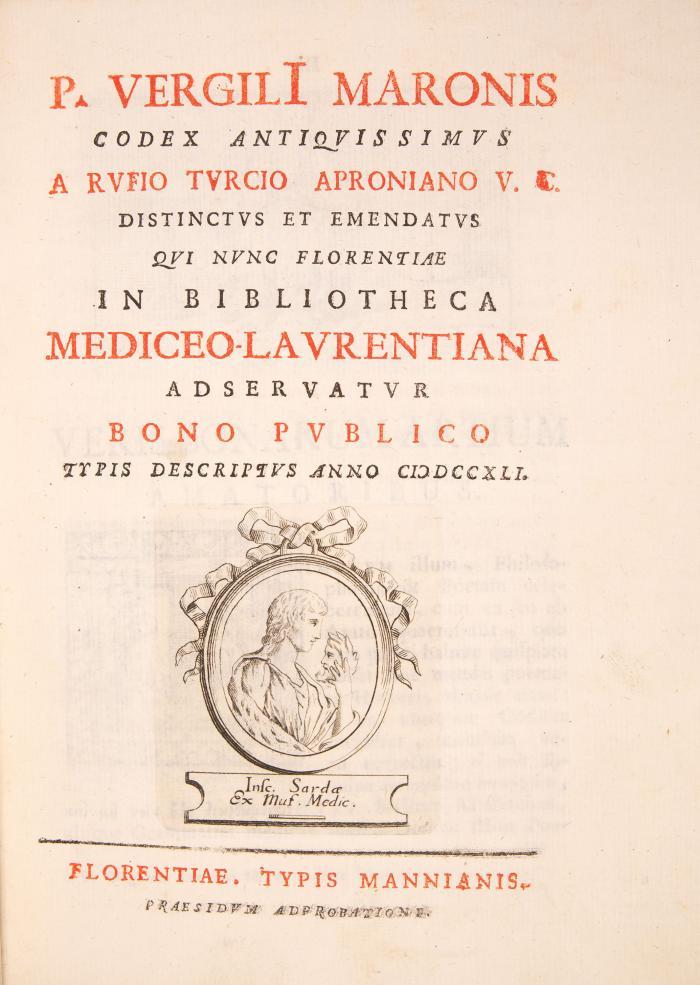 (Opera). Codex antiquissimus a Rufio Turcio Aproniano V. C. distinctus et emendatus qui nunc Florentiae in bibliotheca Mediceo-Laurentiana adservantur bono publico.