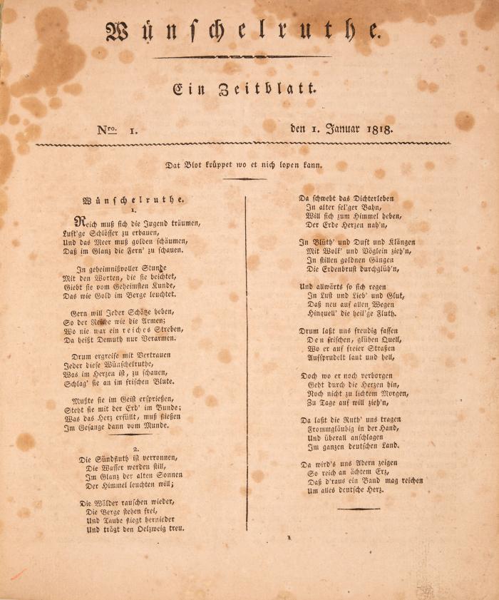 Wünschelruthe. Ein Zeitblatt (Slg. Erich Schmidt mit Eintragungen). Nr. 1-36. Göttingen 1818.