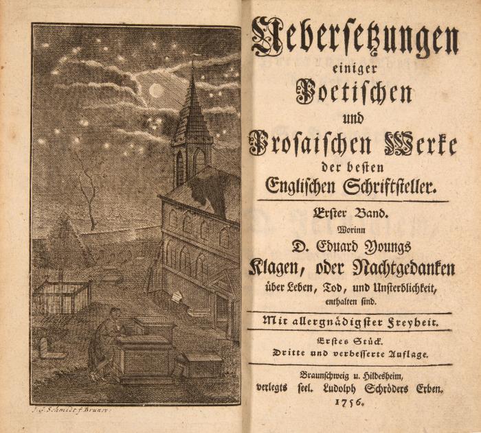 Uebersetzungen einiger poetischen und prosaischen Werke der besten englischen Schriftsteller. (Deutsch von Joh. Arnold Ebert). Mischaufl. 2 Bde. in 1. Braunschweig u. Hildesheim: Schröders Erben 1753-63.