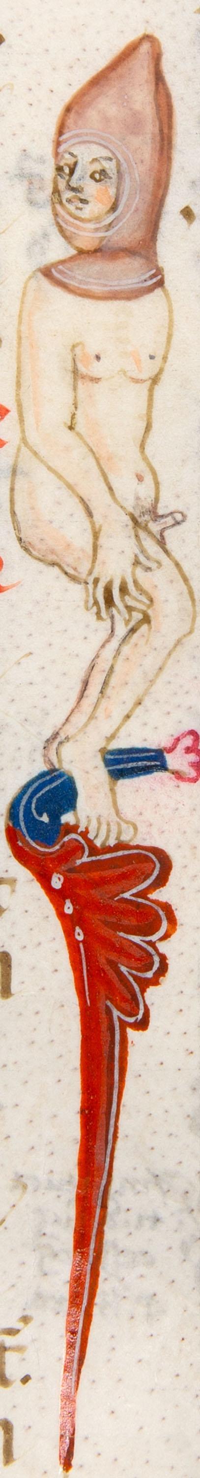 Decretum Gratiani. - Einzelblatt aus einer Pergamenthandschrift. Südfrankreich, ca. 1300-1310. Mit äußerst ungewöhnlichem figürl. Randschmuck.