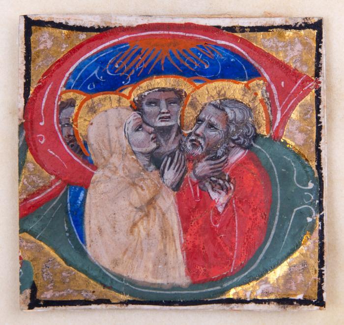 Herabkunft des Heiligen Geistes. - Historisierte Initiale „S“ aus einem Chorbuch (Ausschnitt). Italien, Niccolò da Bologna, zweite Hälfte des 14. Jahrhunderts.