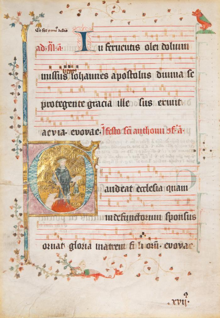 Antiphonar. - Einzelblatt aus einem Antiphonar auf Pergament mit historisierter Initiale. Ohne Ort (Frankreich, Flandern?), Ende des 14. Jahrhunderts.
