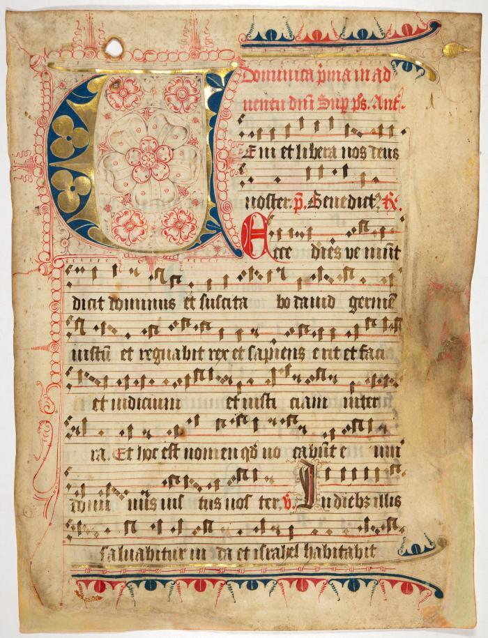 Einzelblatt aus einem notierten Missale mit großer Initiale „U“. Wohl Altenberg, um 1500.