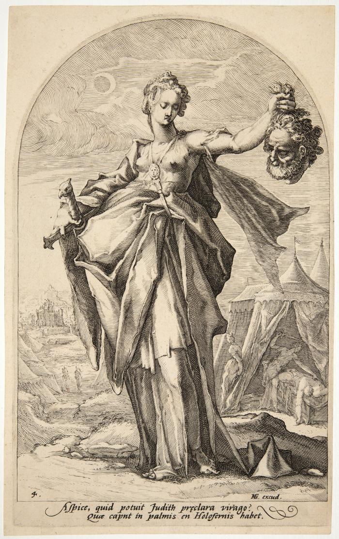 Judith, im Hintergrund die Enthauptung des Holofernes