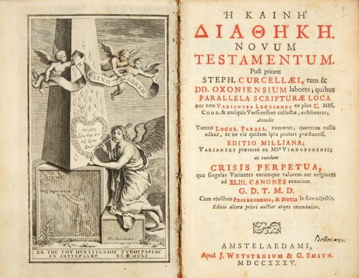 Biblia graeca. - He kaine diatheke (grec.). Novum testamentum post priores Steph. Curcellaei, tum & DD. Oxoniensum labores ... quibus parallela scripturae loca nec non variantes lectiones ... accedit tantus locor. parall.