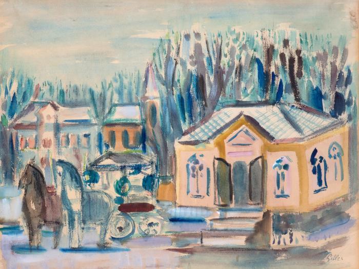 Pferdekutsche vor Villa (Landschaft, Friedhof)