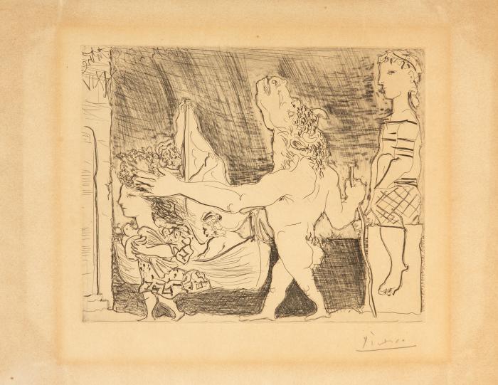 Minotaure aveugle guidé dans la nuit par une petite fille au pigeon (Blatt 96 aus: Suite Vollard)