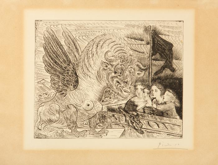 Harpye à tête de taureau, et quarte petites filles sur une tour surmontée d'un drapeau noir (Blatt 13 aus: Suite Vollard)