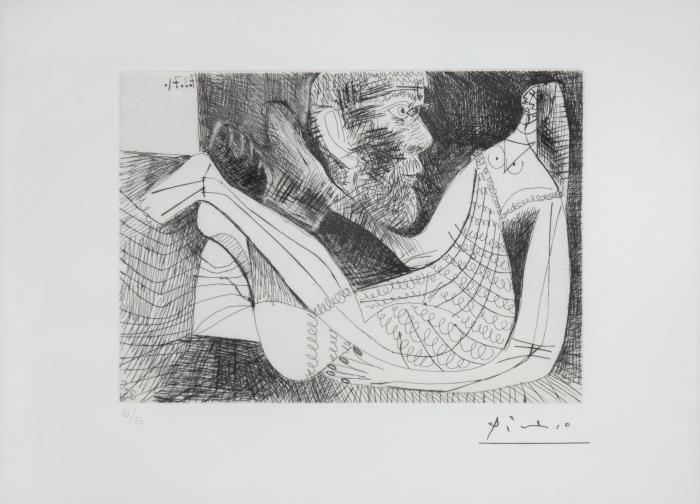 Peintre et modèle en robe tricotée
