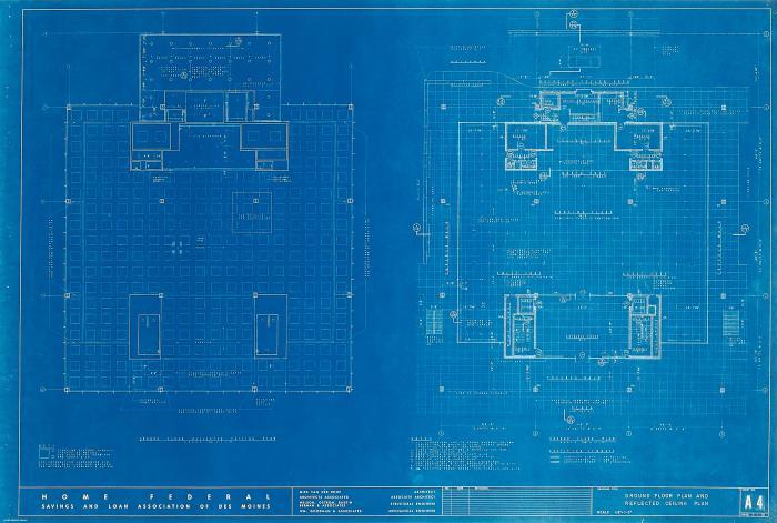 LUDWIG MIES VAN DER ROHE
Home Federal Savings and Loan Association of Des Moines. 1961. Plan A4 - Ground Floor Plan and Reflected Ceiling Plan. Blaupause auf dünnem Maschinenpapier.
