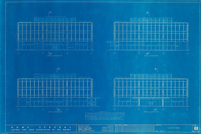 LUDWIG MIES VAN DER ROHE
Home Federal Savings and Loan Association of Des Moines. 1961. Plan A8 - Elevations. Blaupause auf dünnem Maschinenpapier.