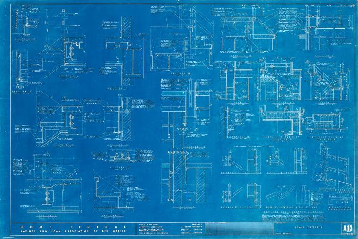 LUDWIG MIES VAN DER ROHE
Home Federal Savings and Loan Association of Des Moines. 1961. Plan A13 - Stair Details. Blaupause auf dünnem Maschinenpapier.