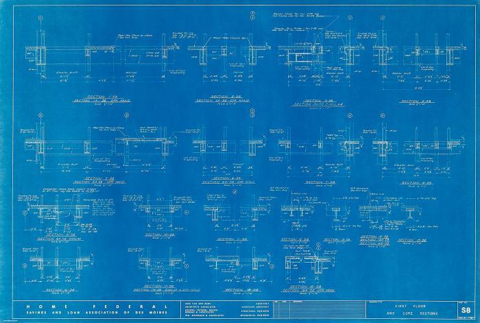 LUDWIG MIES VAN DER ROHE
Home Federal Savings and Loan Association of Des Moines. 1961. Plan S8 - First Floor and Core Sections. Blaupause auf dünnem Maschinenpapier.
