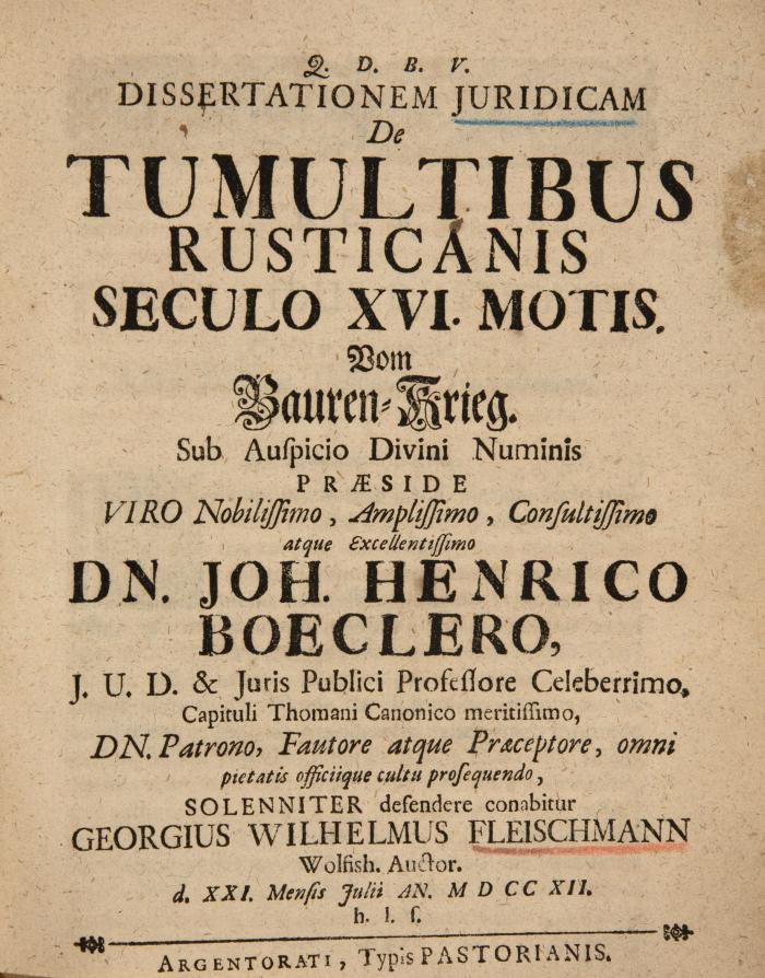 De tumultibus rusticanis seculo XVI. motis. Vom Bauren-Krieg.
