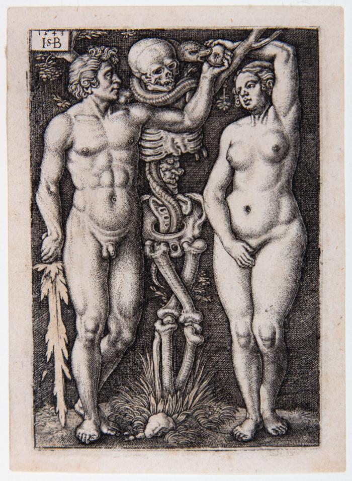 Adam und Eva, stehend mit einem Skelett