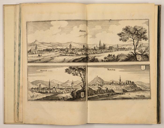Merian. - (Zeiller, Martin): Topographia Hassiae et regionum vicinarum. Das ist Beschreibung der vorne(m)bsten Stätte und Plätze in Hessen, vnd den benachbahrten Landschaften, als Buchen, Nassau, Wetteraw, Westerwaldt, Wittgenstein, Lohngaw, vnd andern.