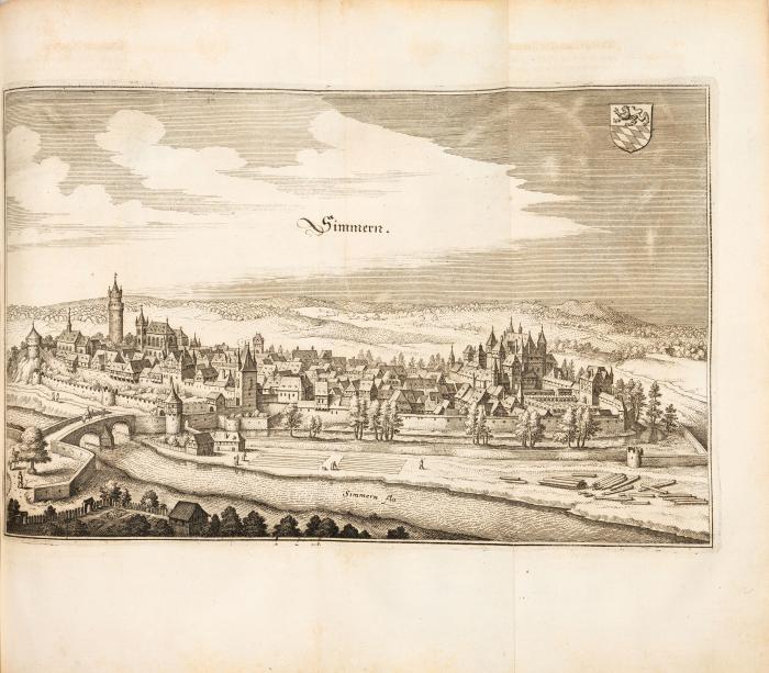 Merian. - (Zeiller, Martin): Topographia Palatinatus Rheni et vicinarum regionum. 2. Ausgabe. (Frankfurt a. M.): M. Merian 1645 (d. i. wohl 1672). / Ders.: Topographia Archiepiscopatuum Moguntinensis, Trevirensis, et Coloniensis. 2. Ausgabe. (Frankfurt a. M.): M. Merian 1646 (d. i. 1675). 2 Werke in 1 Bd.