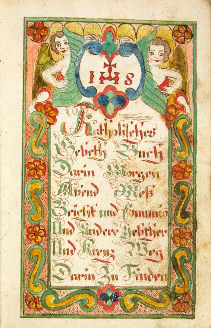 Handgeschriebenes Gebetbuch mit kolorierten Illustrationen. - Katholisches Gebeth Buch darin Morgen Abend Meß Beicht und Comunio und andere Geb(e)ther und Kreuz Weg darin zu finden. O. O. 1819.